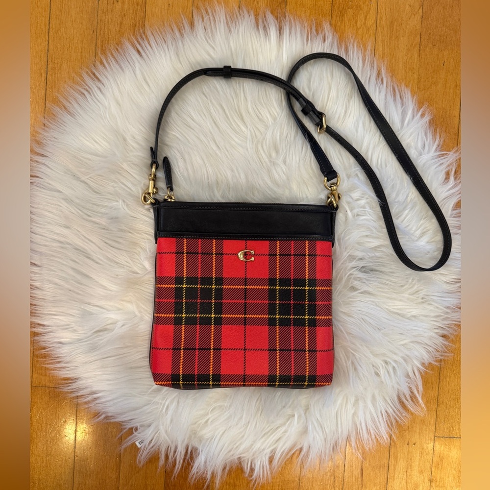 Coach Leather Kitt Messenger Crossbody Red Black Plaid Purse